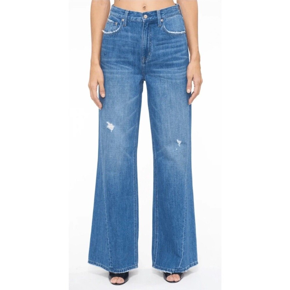 Pistola Jeans Women’s 27 High Rise Wide Leg Distressed Blue Denim Raw Hem